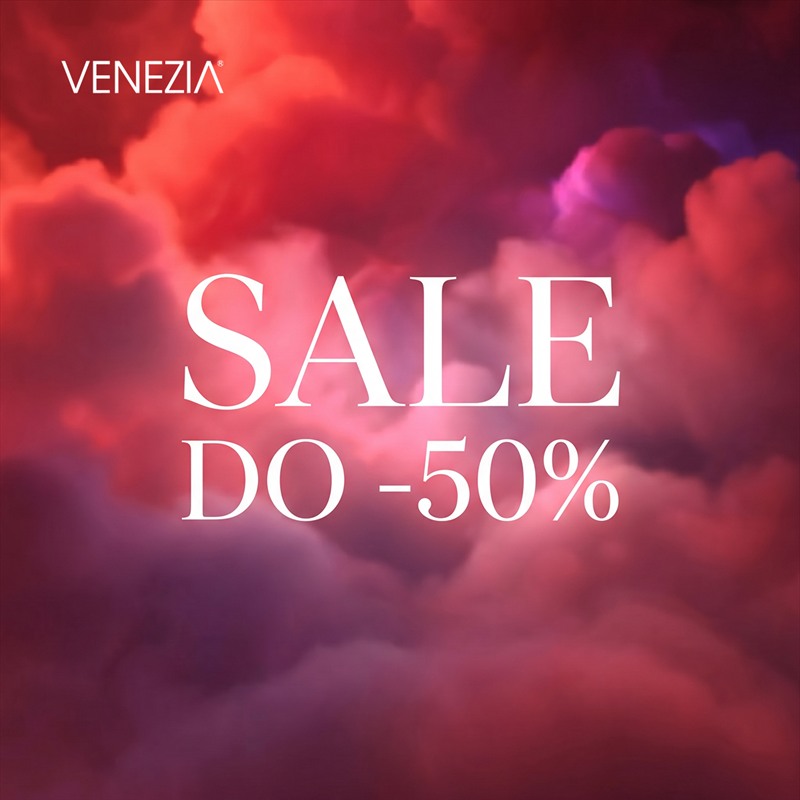 Grafika promocyjna marki Venezia z napisem 'SALE DO -50%' na tle różowo-fioletowych chmur.