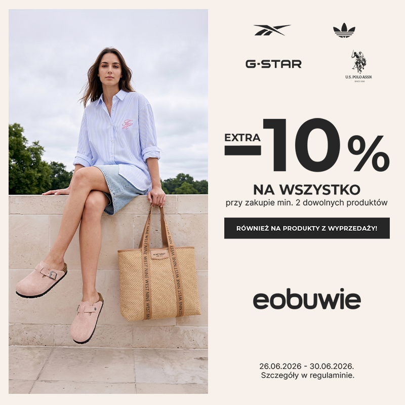 Młoda kobieta siedząca na murku, ubrana w koszulę i spódnicę, obok niej torba i buty. Po prawej stronie grafika z napisem 'EXTRA -10% NA WSZYSTKO przy zakupie min. 2 dowolnych produktów. RÓWNIEŻ NA PRODUKTY Z WYPRZEDAŻY!' oraz logo eobuwie i daty promocji.
