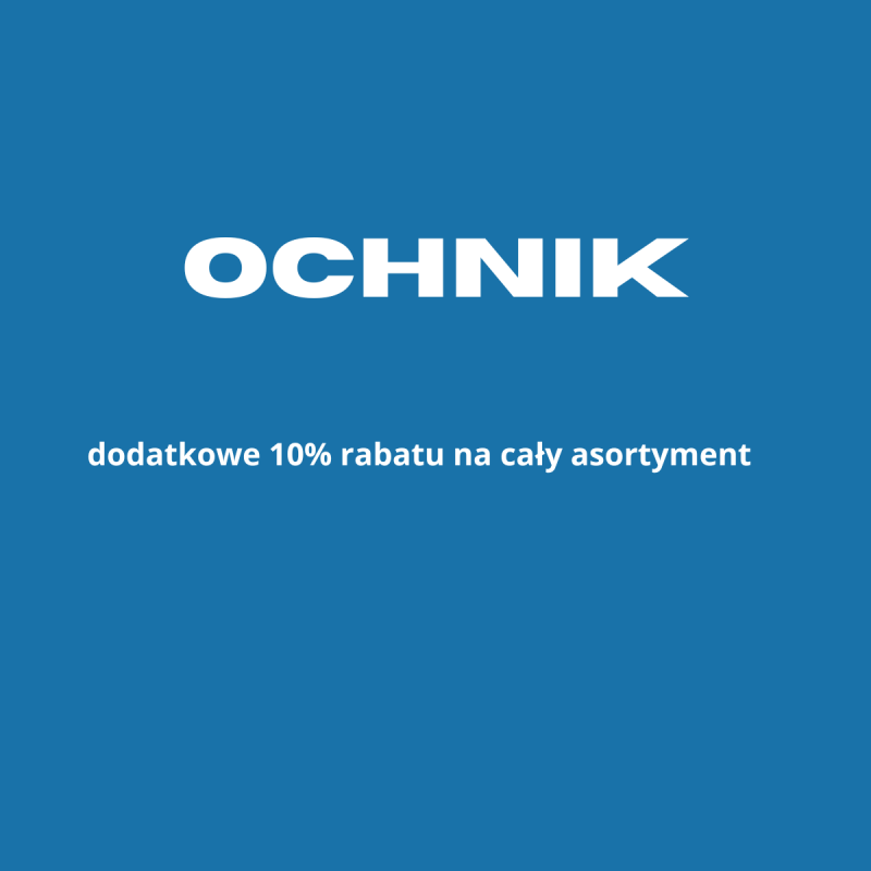 Logo Ochnik i informacja o dodatkowych 10% rabatu na cały asortyment na niebieskim tle