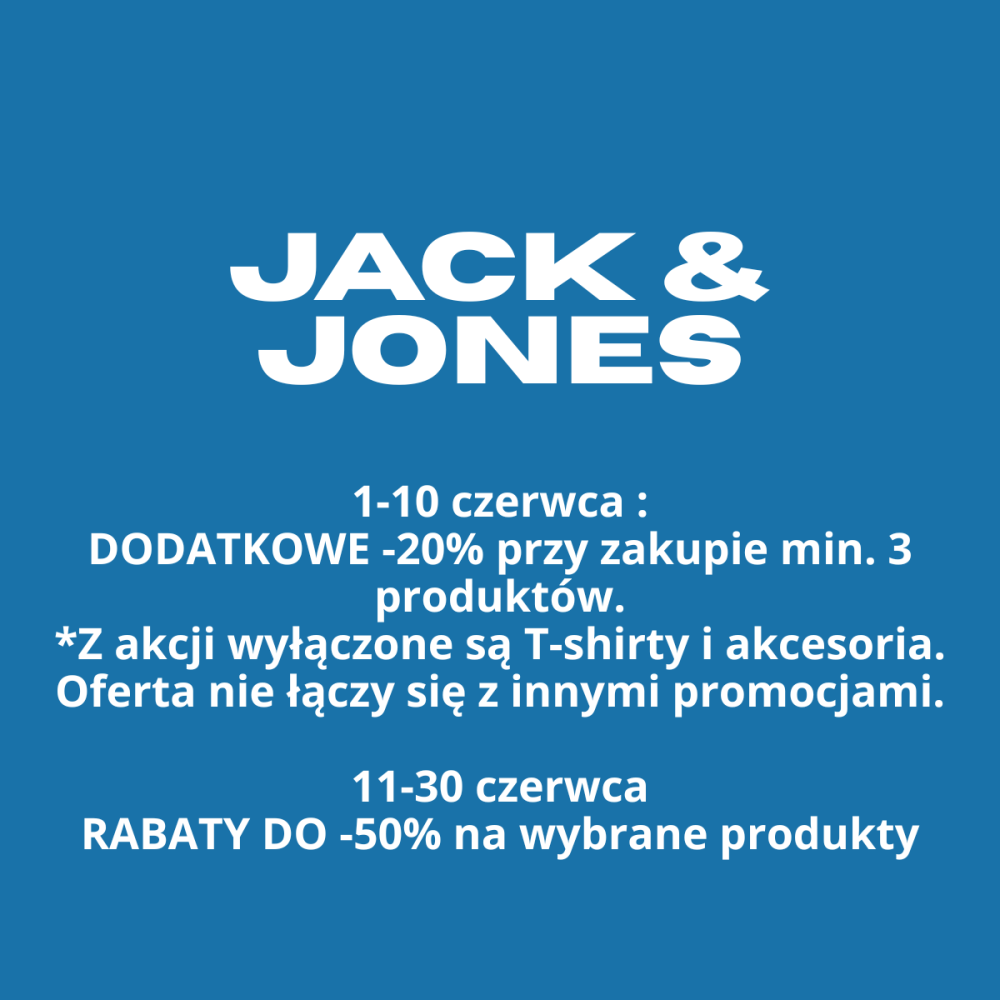 Grafika promocyjna Jack & Jones z informacją o dwóch promocjach w czerwcu: dodatkowe -20% na min. 3 produkty i rabaty do -50% na wybrane produkty.