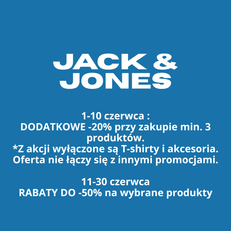 Grafika promocyjna Jack & Jones z informacją o dwóch promocjach w czerwcu: dodatkowe -20% na min. 3 produkty i rabaty do -50% na wybrane produkty.