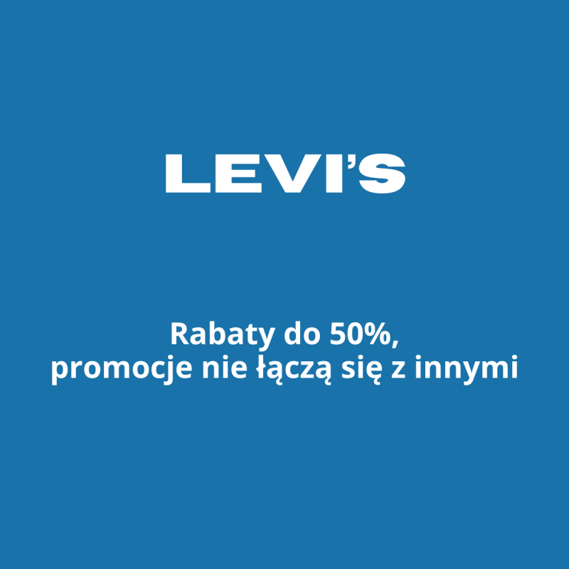 Niebieskie tło z białym napisem LEVI'S na górze i białym tekstem 'Rabaty do 50%, promocje nie łączą się z innymi' na dole.