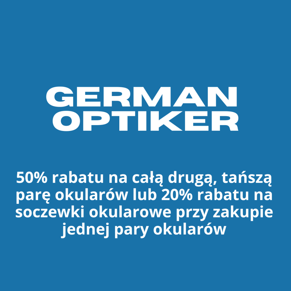 Niebieska grafika z białym napisem German Optiker i informacją o promocji: 50% rabatu na drugą parę okularów lub 20% rabatu na soczewki okularowe.