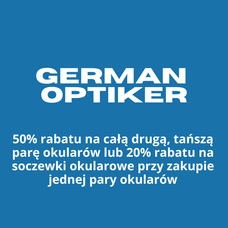 Niebieska grafika z białym napisem German Optiker i informacją o promocji: 50% rabatu na drugą parę okularów lub 20% rabatu na soczewki okularowe.
