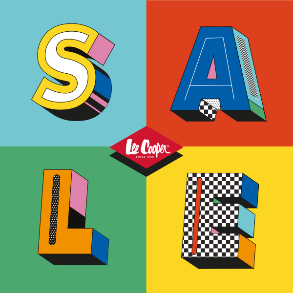 Grafika z napisem SALE w kolorowych, trójwymiarowych literach, z logo Lee Cooper pośrodku