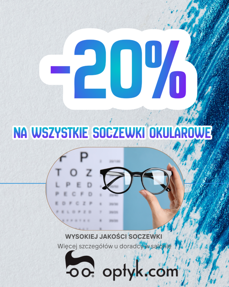 Grafika przedstawiająca -20% zniżki na soczewki okularowe w german Optiker, z dłonią trzymającą okulary na tle tablicy Snellena.