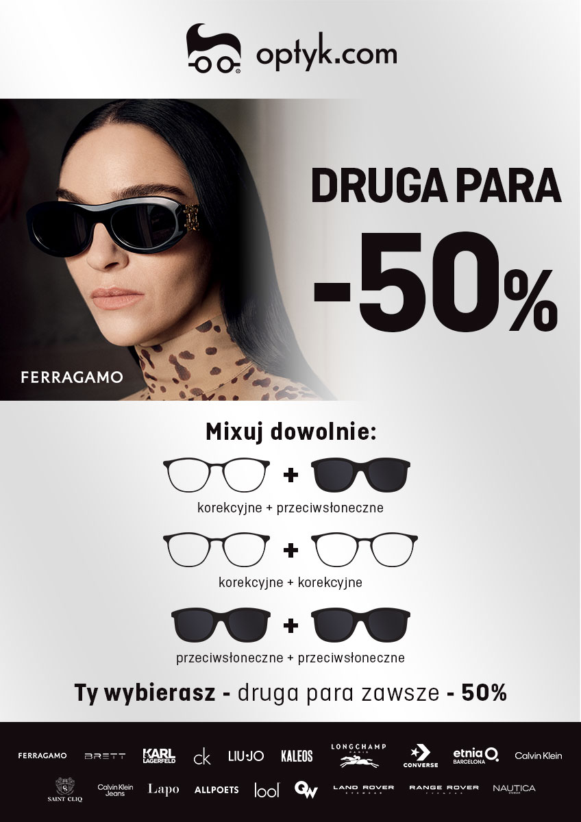 Kobieta w okularach przeciwsłonecznych Ferragamo, obok informacja o promocji: Druga para -50% w Optyk.com. Poniżej grafiki przedstawiające możliwości miksowania okularów korekcyjnych i przeciwsłonecznych.