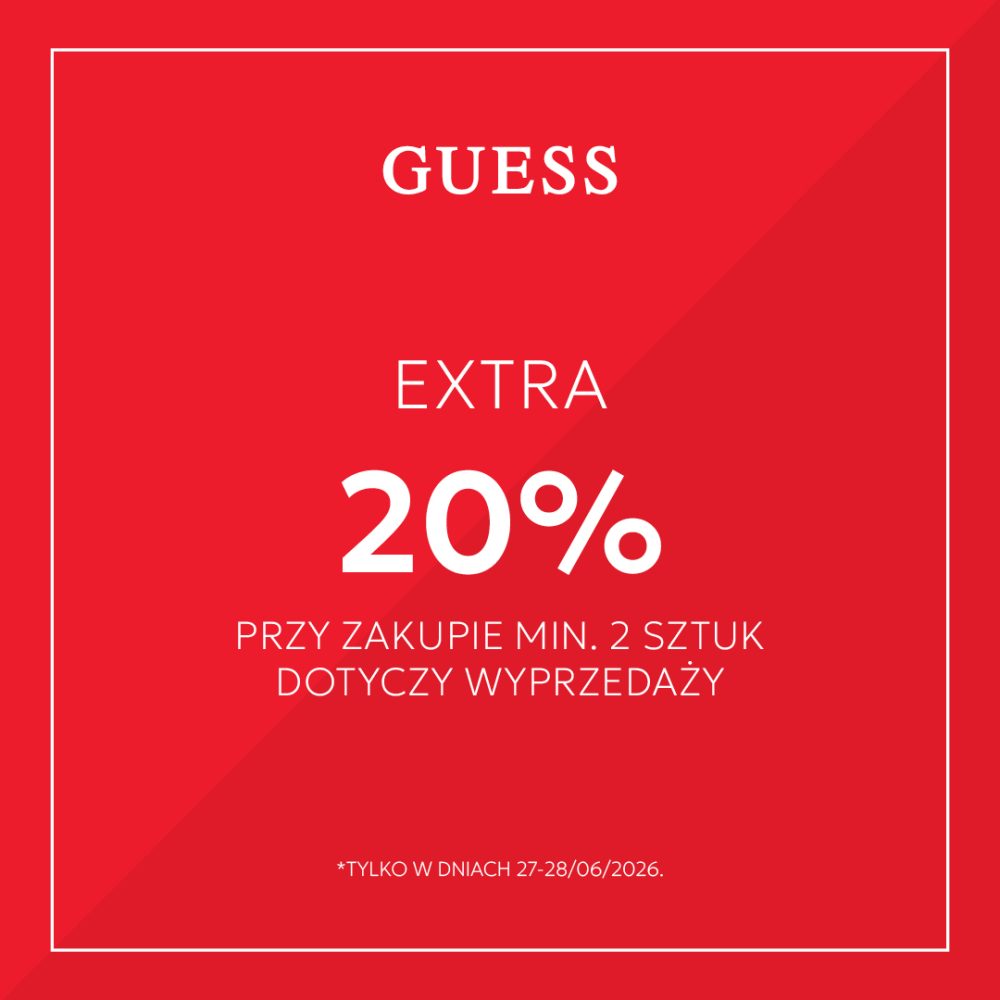 Czerwona grafika z białym napisem Guess i informacją o dodatkowych 20% zniżki na wyprzedaż przy zakupie minimum dwóch sztuk, ważna 27-28.06.2026.