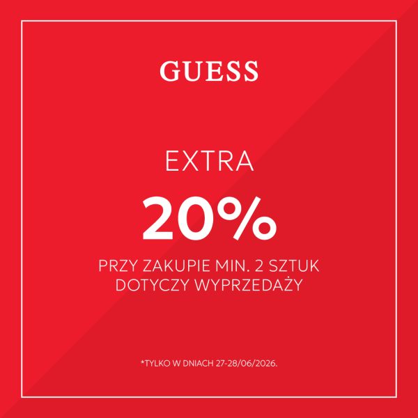 Czerwona grafika z białym napisem Guess i informacją o dodatkowych 20% zniżki na wyprzedaż przy zakupie minimum dwóch sztuk, ważna 27-28.06.2026.