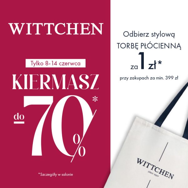 Grafika promocyjna WITTCHEN z napisem Kiermasz do 70% i informacją o torbie płóciennej za 1 zł.
