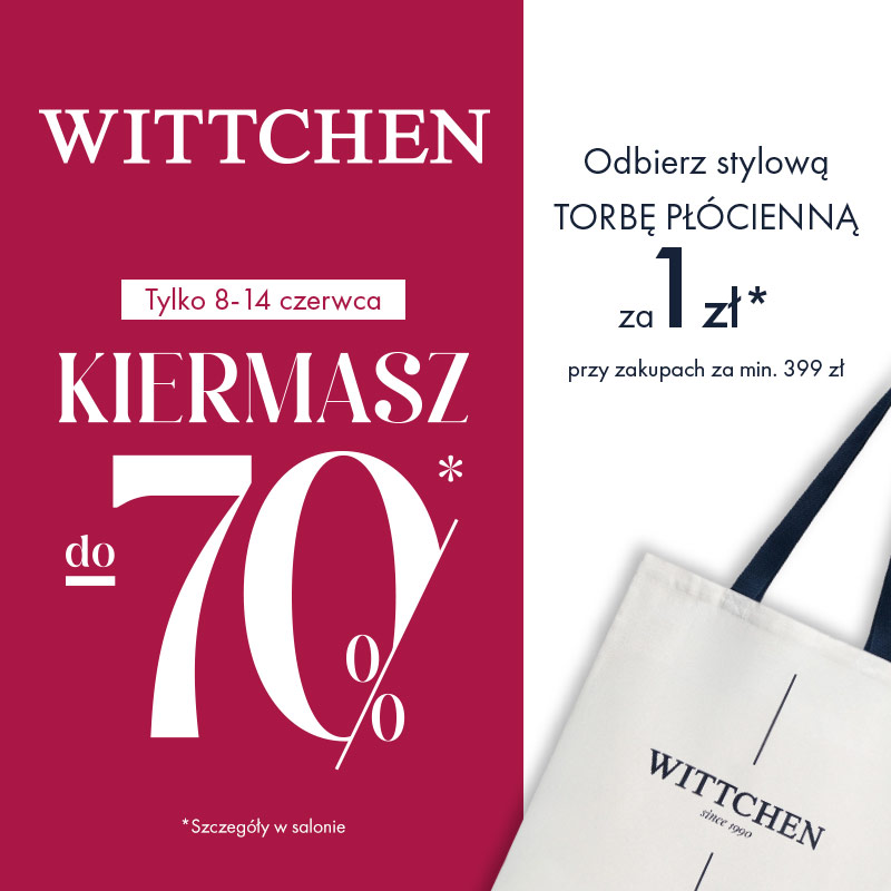 Grafika promocyjna WITTCHEN z napisem Kiermasz do 70% i informacją o torbie płóciennej za 1 zł.