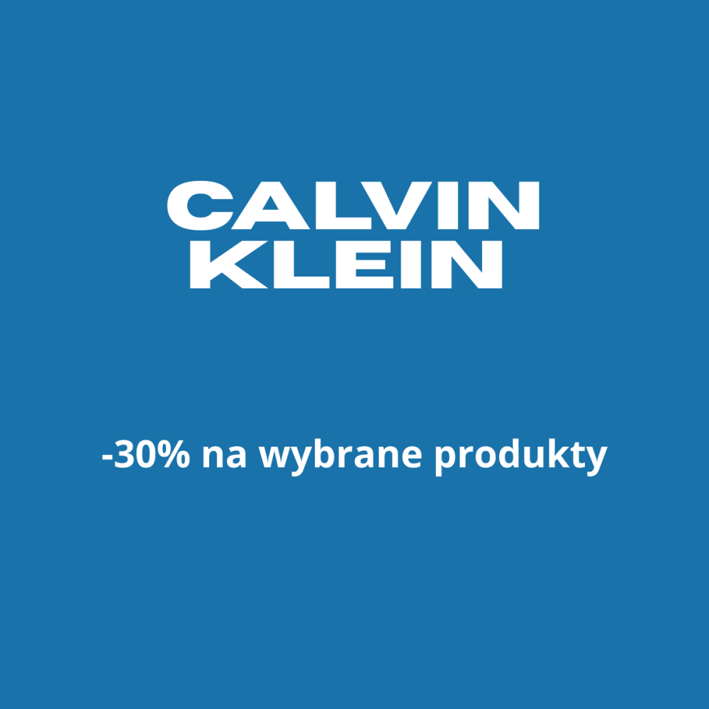 Logo Calvin Klein na niebieskim tle z napisem -30% na wybrane produkty