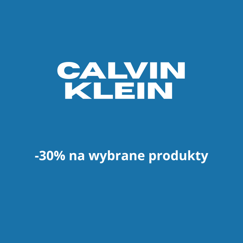 Logo Calvin Klein na niebieskim tle z napisem -30% na wybrane produkty