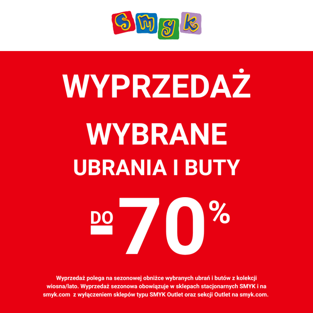 Czerwony plakat reklamowy SMYK z napisem 'WYPRZEDAŻ WYBRANE UBRANIA I BUTY DO 70%'