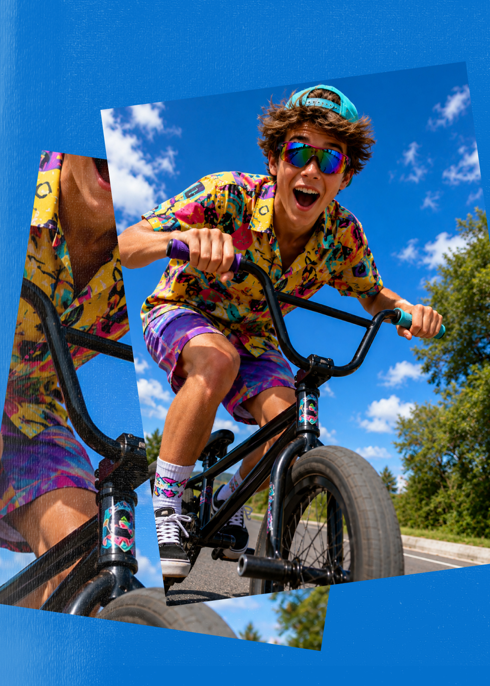 Rowerzysta BMX w kolorowym stroju – znakowanie rowerów z Policją w Outlet Parku Szczecin