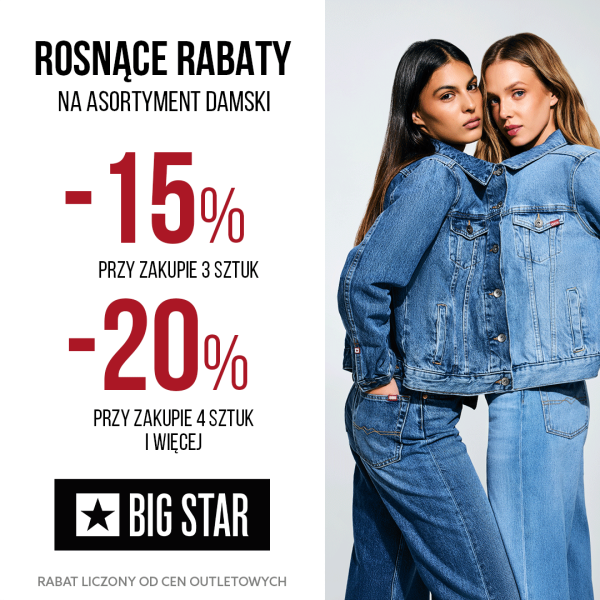 Dwie kobiety w dżinsowych stylizacjach, obok informacja o rosnących rabatach w Big Star na asortyment damski: -15% przy zakupie 3 sztuk i -20% przy zakupie 4 sztuk i więcej.