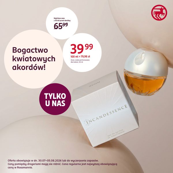 Flakon wody perfumowanej Avon Incandessence 50 ml oraz opakowanie, z ceną promocyjną 39,99 zł i informacją o najniższej cenie 65,99 zł.