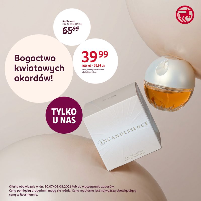 Flakon wody perfumowanej Avon Incandessence 50 ml oraz opakowanie, z ceną promocyjną 39,99 zł i informacją o najniższej cenie 65,99 zł.