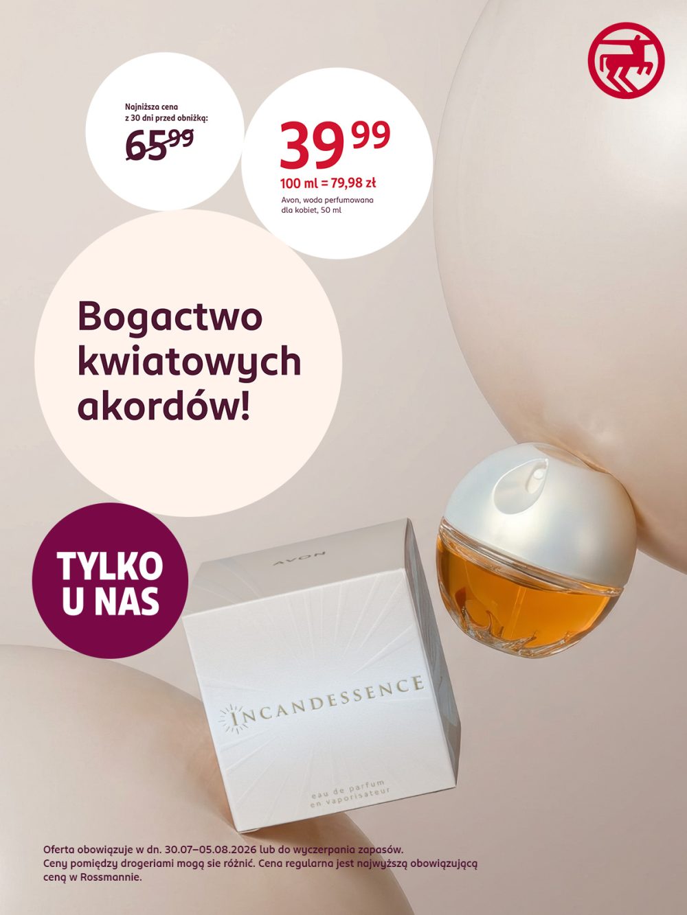 Flakon wody perfumowanej Avon Incandessence 50 ml oraz opakowanie, z ceną promocyjną 39,99 zł i informacją o najniższej cenie 65,99 zł.
