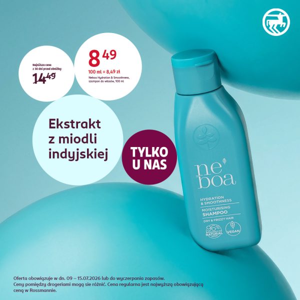 Butelka szamponu Neboa Hydration & Smoothness w kolorze turkusowym na tle turkusowych kul. Widoczne ceny i informacja o ekstrakcie z miodli indyjskiej.