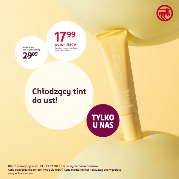 Opakowanie chłodzącego tinu do ust Everybody London Peptide Lip Tint w kolorze Iced Lemonade, z informacją o cenie 17,99 zł i najniższej cenie przed obniżką 29,99 zł.