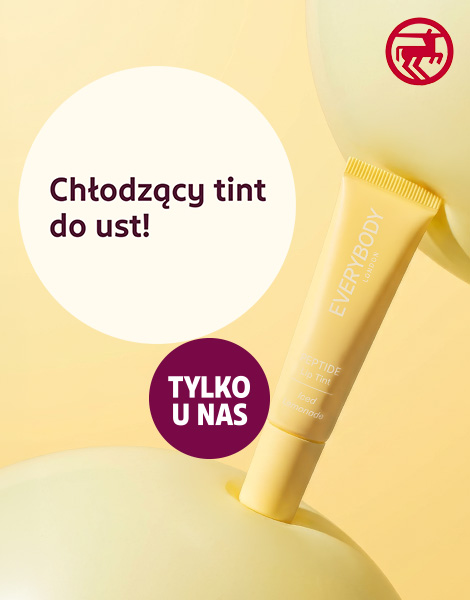 Opakowanie chłodzącego tinu do ust Everybody London Peptide Lip Tint w kolorze Iced Lemonade, z informacją o cenie 17,99 zł i najniższej cenie przed obniżką 29,99 zł.