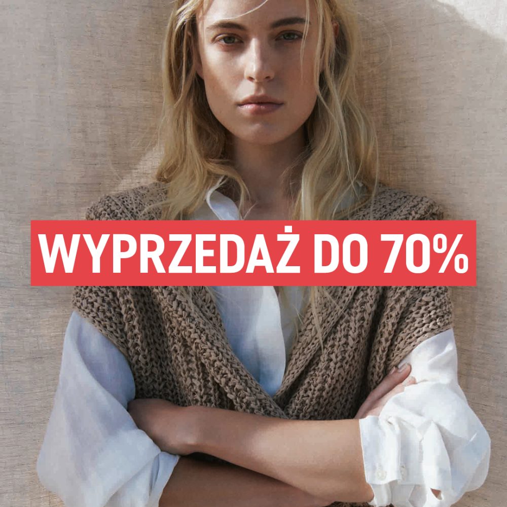 Blondynka w białej koszuli i beżowym swetrze, z napisem 'WYPRZEDAŻ DO 70%' na czerwonym tle.