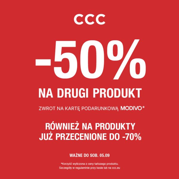 Czerwona grafika z logo CCC i napisem -50% na drugi produkt, zwrot na kartę podarunkową Modivo, również na produkty już przecenione do -70%.