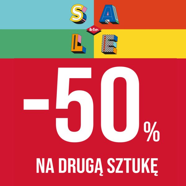Grafika promocyjna Lee Cooper z napisem SALE i dużym -50% na drugą sztukę na czerwonym tle.