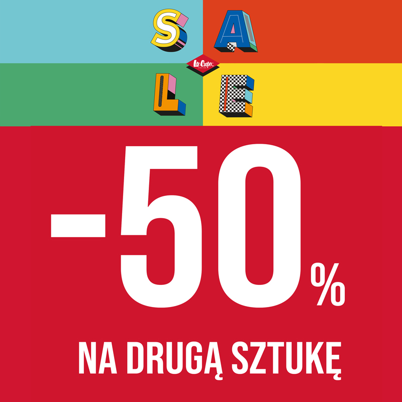 Grafika promocyjna Lee Cooper z napisem SALE i dużym -50% na drugą sztukę na czerwonym tle.