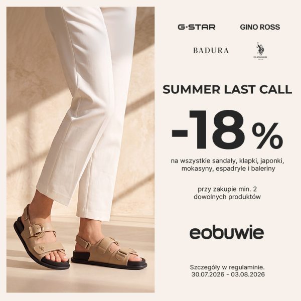 Kobieta w białych spodniach i beżowych sandałach. Obok informacja o promocji -18% na letnie obuwie w eobuwie.