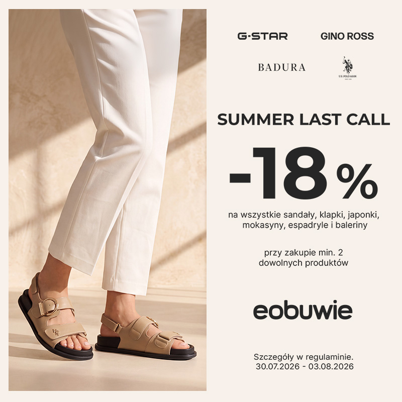 Kobieta w białych spodniach i beżowych sandałach. Obok informacja o promocji -18% na letnie obuwie w eobuwie.