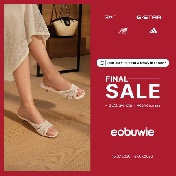 Kobieta w beżowej sukience i sandałach z koronki, obok torebka. Po prawej stronie informacja o Final Sale w eobuwie.pl z 10% zwrotu w MODIVOclubgold.