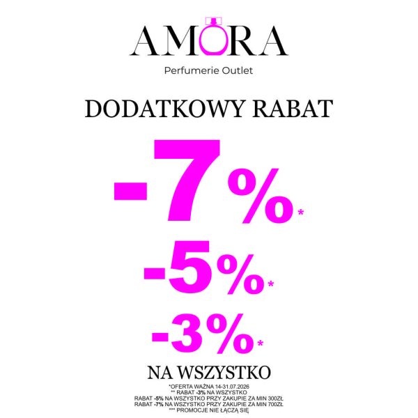 Grafika przedstawia logo Amora Perfumerie Outlet oraz informację o dodatkowym rabacie do -7% na wszystko, z podziałem na -3%, -5% i -7% w zależności od kwoty zakupu.