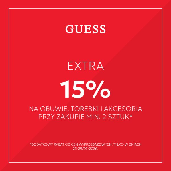 Czerwone tło z białym napisem Guess i informacją o dodatkowym rabacie 15% na obuwie, torebki i akcesoria przy zakupie min. 2 sztuk.