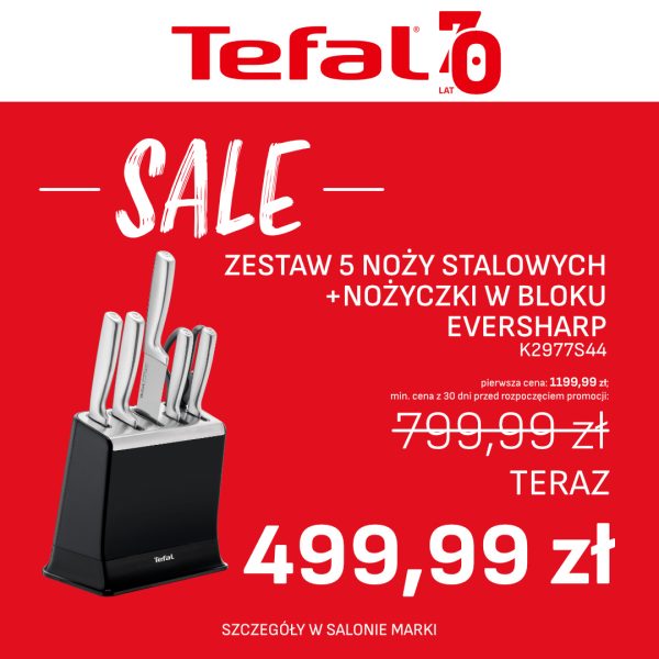 Zestaw 5 noży stalowych Tefal EverSharp Pro z nożyczkami w czarnym bloku na czerwonym tle z napisem SALE