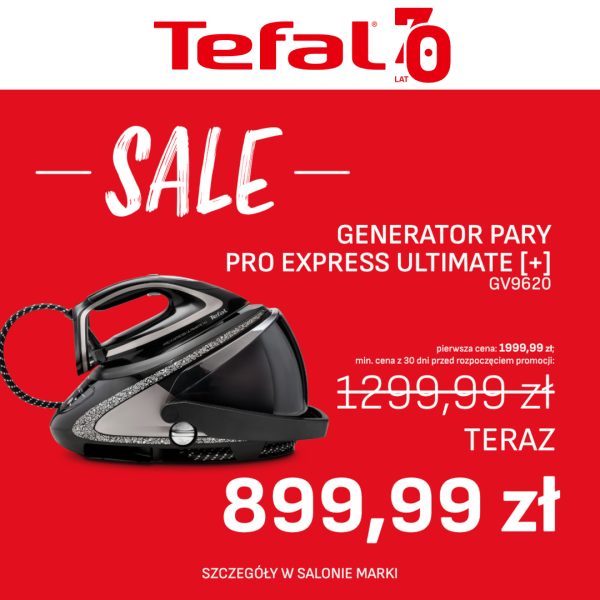 Generator pary Tefal Pro Express Ultimate [+] GV9620 w kolorze czarnym z elementami srebrnymi, na czerwonym tle z napisem SALE.