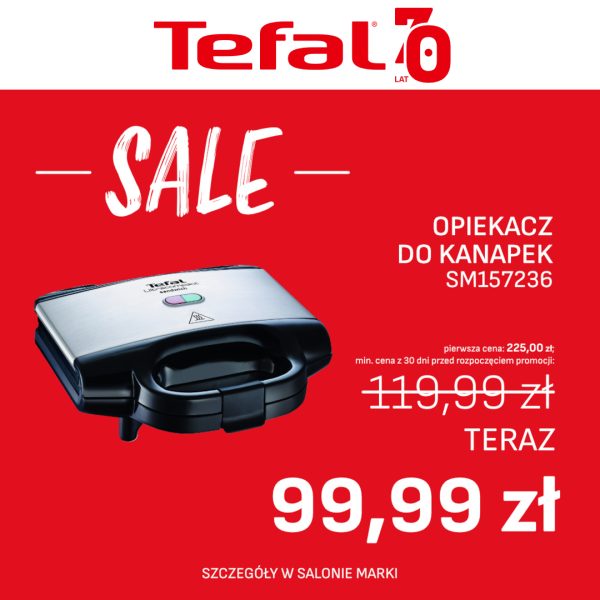 Opiekacz do kanapek Tefal SM157236 w kolorze srebrno-czarnym na czerwonym tle z napisem SALE i ceną promocyjną.