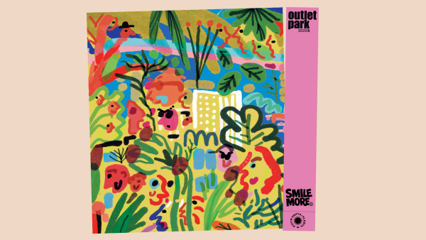 Limitierte Auflage der Karte SMILE MORE, entworfen von Piotr Dept-Kleśta für Outlet Park Stettin – eine farbenfrohe Illustration mit einem Naturmotiv und lächelnden Figuren.