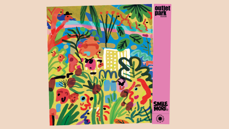 Limited edition SMILE MORE card designed by Piotr Dept-Kleśta for Outlet Park Szczecin – a colorful illustration with a motif of nature and smiling figures.