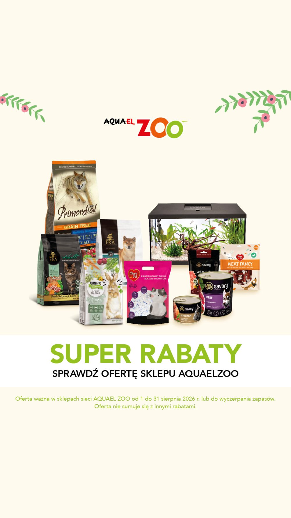 Produkty dla zwierząt z Aquael ZOO, w tym karmy, żwirek i akwarium, z napisem 'Super Rabaty'.