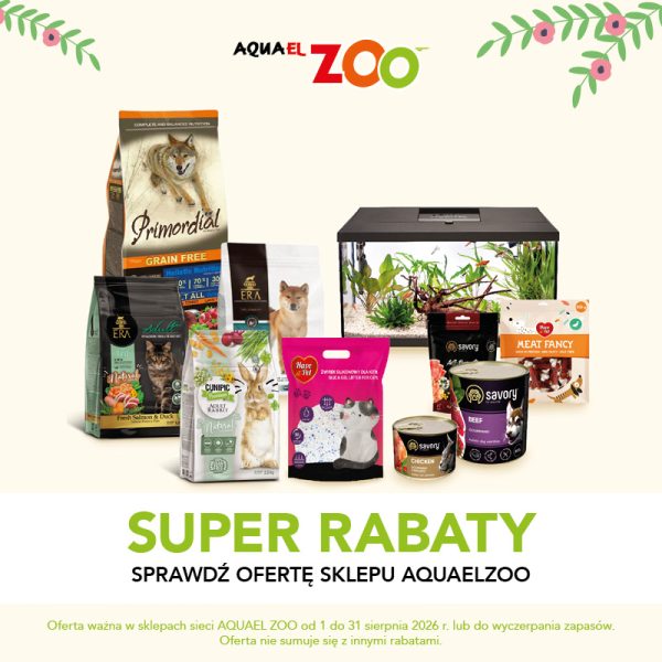 Produkty dla zwierząt z Aquael ZOO, w tym karmy, żwirek i akwarium, z napisem 'Super Rabaty'.