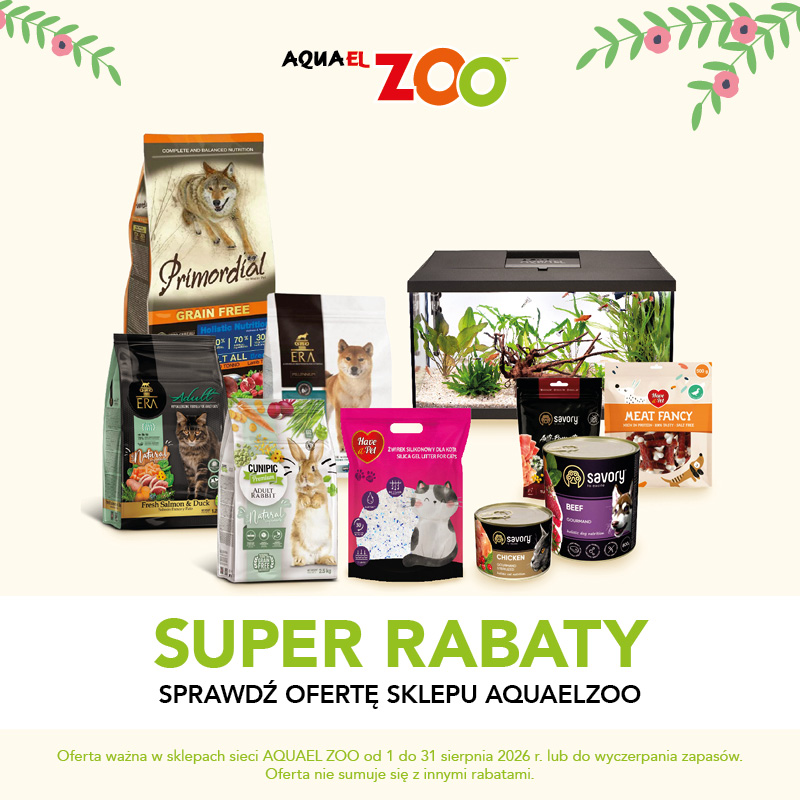 Produkty dla zwierząt z Aquael ZOO, w tym karmy, żwirek i akwarium, z napisem 'Super Rabaty'.