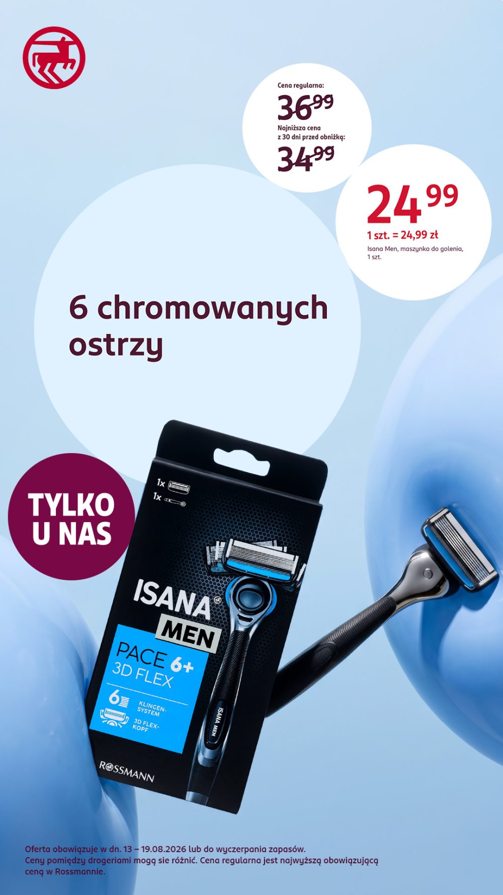 Opakowanie i maszynka do golenia Isana Men Pace 6+ 3D Flex na niebieskim tle
