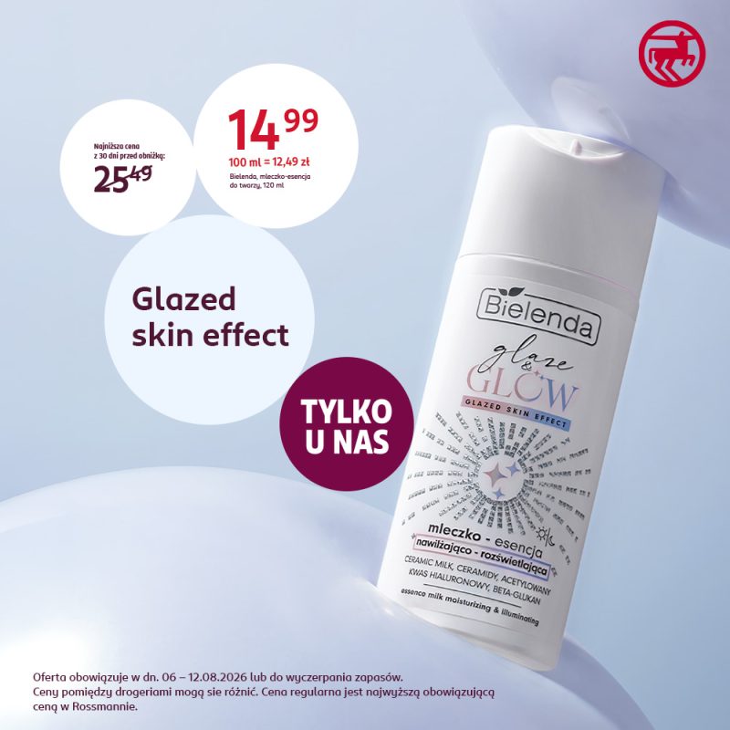 Opakowanie mleczka-esencji Bielenda Glaze & Glow z ceną 14,99 zł i informacją o najniższej cenie przed obniżką 25,49 zł.