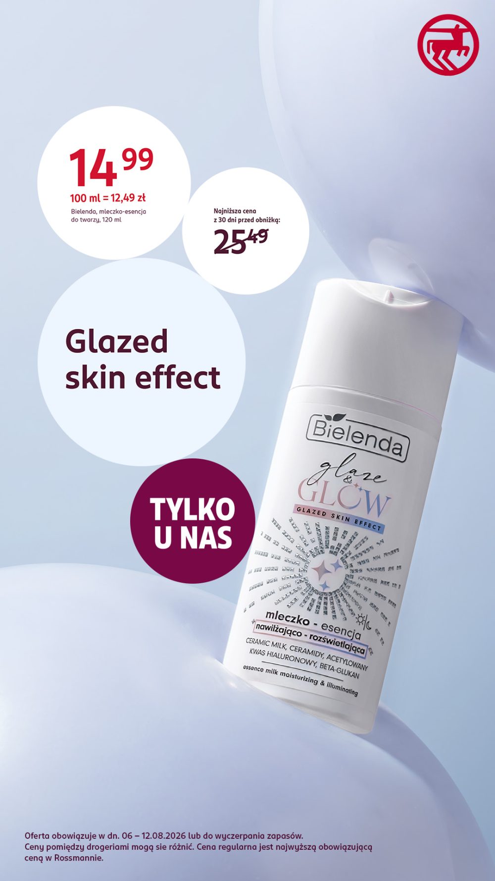 Opakowanie mleczka-esencji Bielenda Glaze & Glow z ceną 14,99 zł i informacją o najniższej cenie przed obniżką 25,49 zł.
