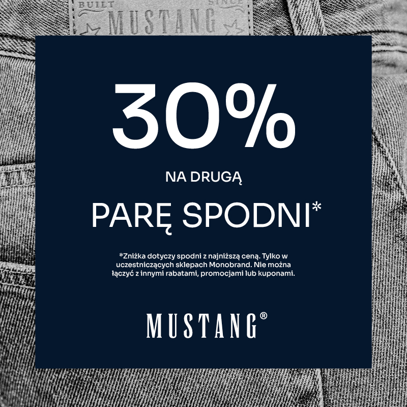 Ciemnoniebieska grafika z białym napisem '30% NA DRUGĄ PARĘ SPODNI' na tle jeansów, z logo Mustang.