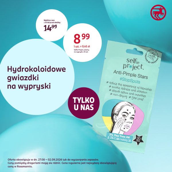 Opakowanie hydrokoloidowych gwiazdek na wypryski Selfie Project #StopSpots z ceną promocyjną 8,99 zł.