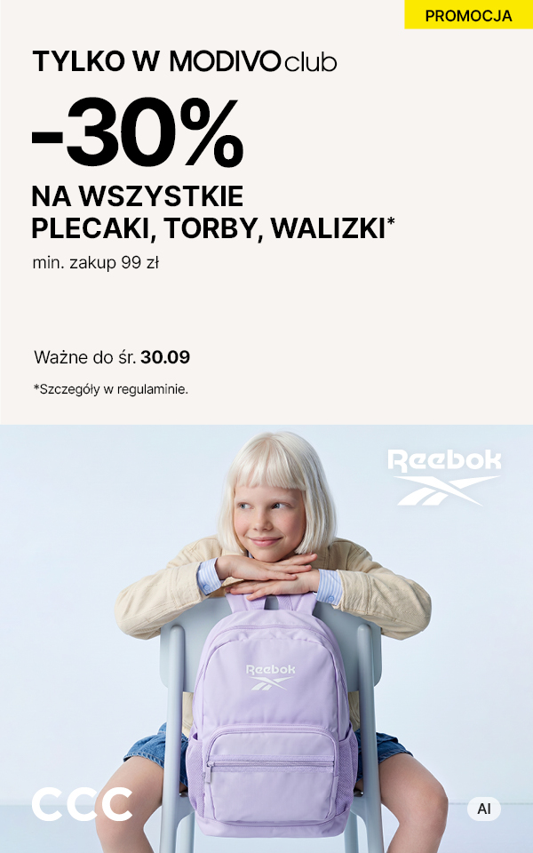 Dziewczynka z fioletowym plecakiem Reebok, obok informacja o promocji -30% na plecaki, torby i walizki w CCC z MODIVOclub.