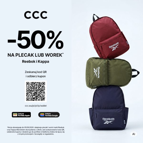 Trzy plecaki marki Reebok w kolorach bordowym, oliwkowym i granatowym, ułożone jeden na drugim. Obok nich widoczny jest napis CCC, -50% na plecak lub worek Reebok i Kappa oraz kod QR do zeskanowania kuponu.